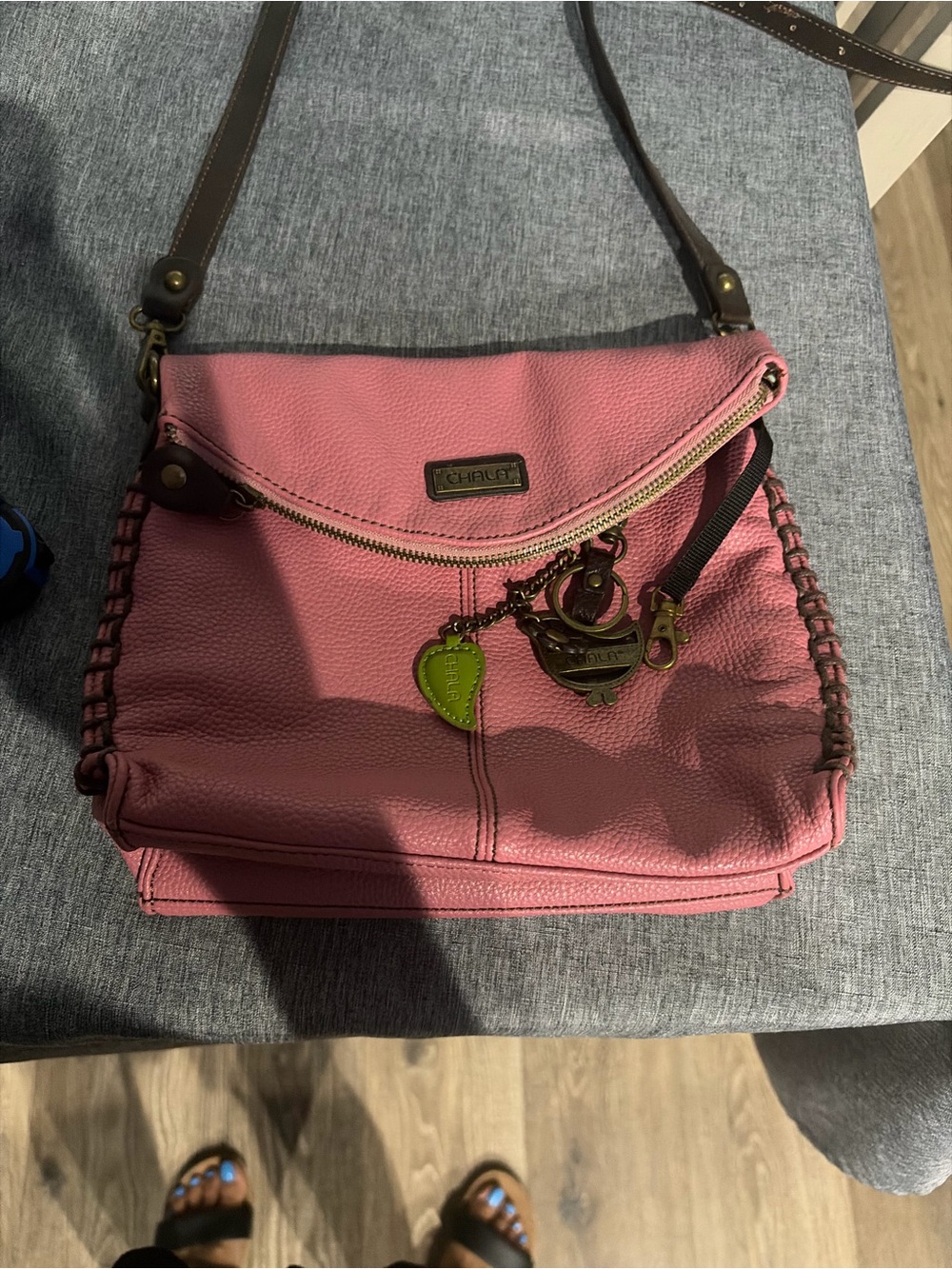 Chala Pink Pebbled Leather Shoulder Bag with Charm Accents - Picture 6 of 7
